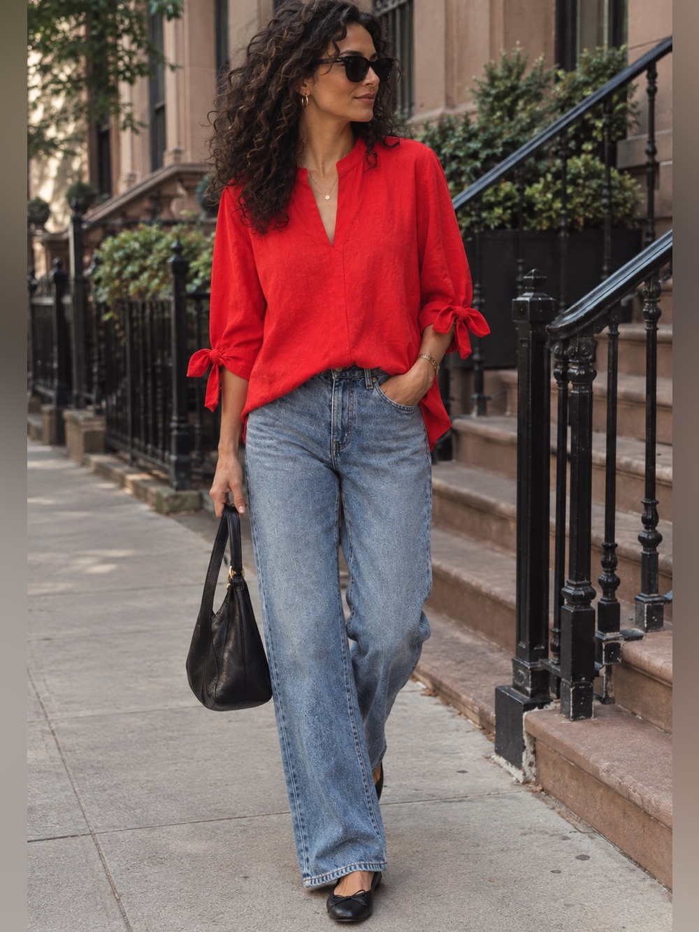 New York & Company V Neck Red Tie-Sleeve Blouse